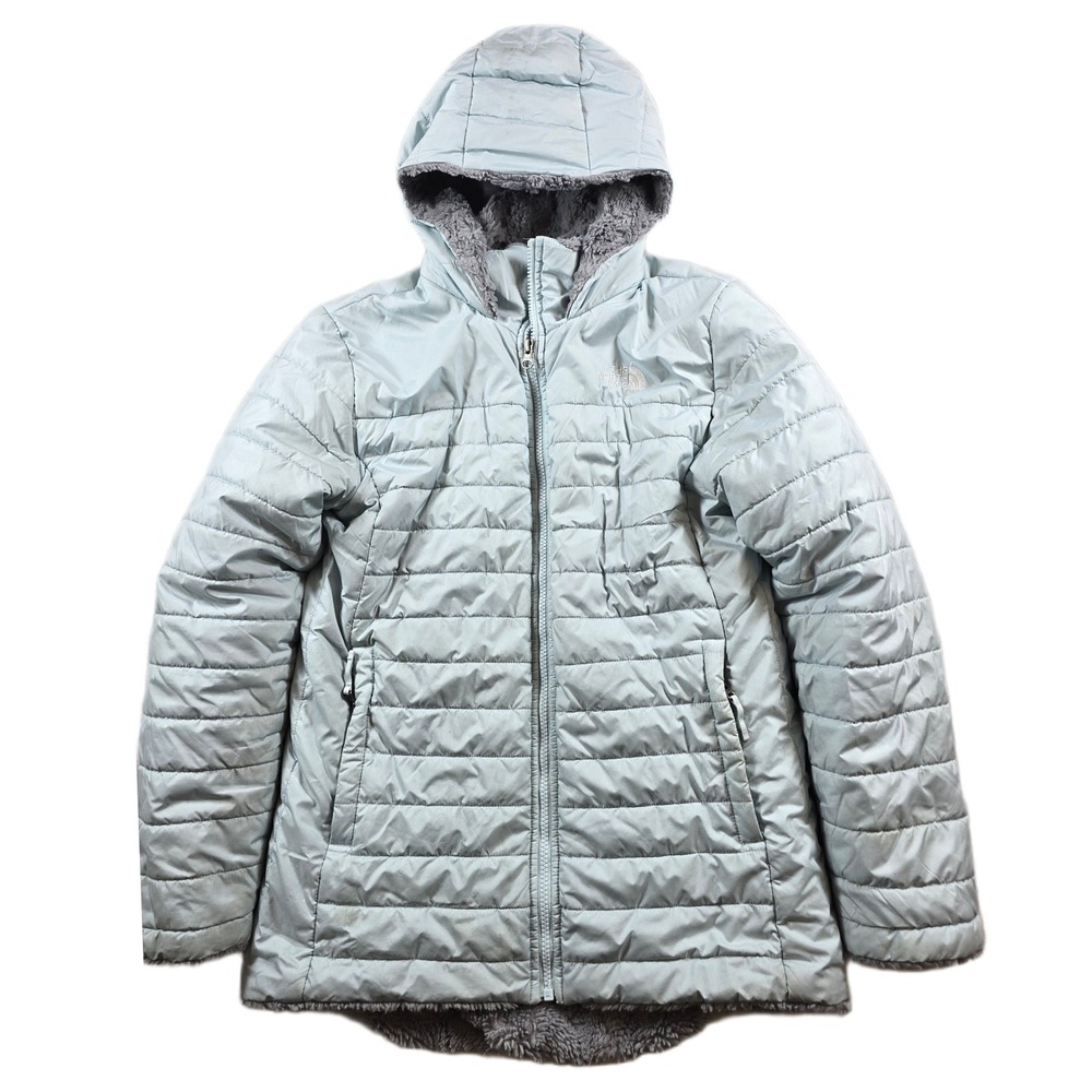 The North Face Puffer Jacket Girls XL 18 Light Blue Fleece Mossbud Swirl Coat